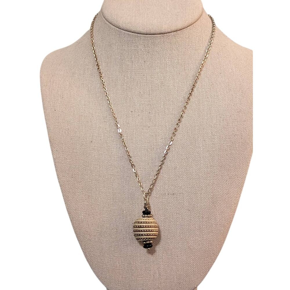 Cord Wrapped Beaded Orb Pendant on Gold Tone Spring Ring Clasp 18" Chain